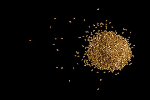Top view of gold plated sesame seeds on black background