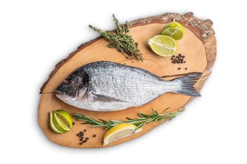 Fresh raw dorada on wooden cutting board