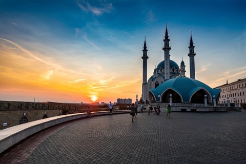 Kul Sharif Mosque in the Kremlin at sunset