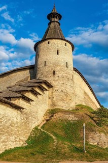 The outer walls of the kremlin of the Unesco site Pskov