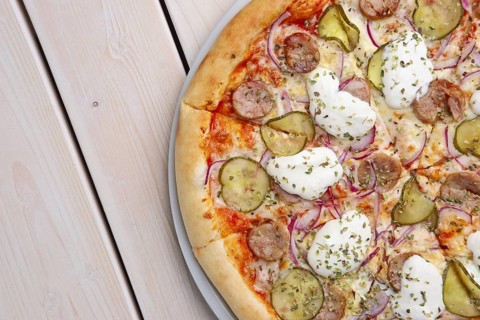 Top view of pizza with sausage