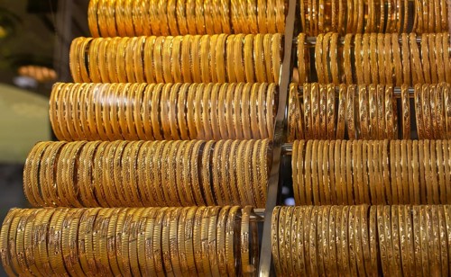Display of of golden bracelets examples of Turkish jewelry