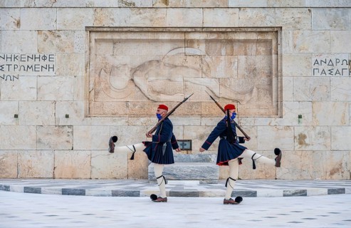 Detachment of the Presidential Guard Evzones in front of the Monument to the Unknown Soldier near the Greek Parliament