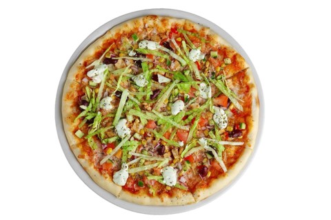 Top view of vegetarian pizza with corn