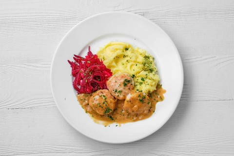 Top view of plate with meatballs