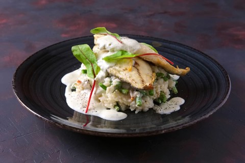 Fried fillet of white fish with rice and green beans decorated with chard