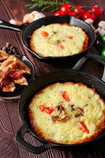 Close up view of cast-iron pan and spices