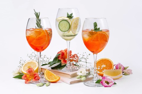 Still life photo of three wine and fruit cocktails. Set of alcohol summer drinks and cocktails