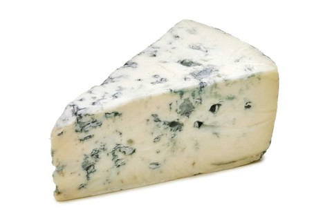 Triangular piece of gorgonzola cheese isolated on white background