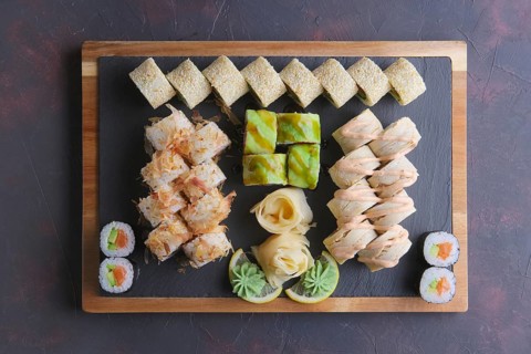 Top view of big set of rolls on stone plate
