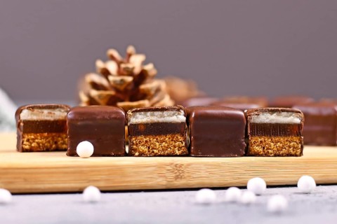 Traditional German sweets called Dominosteine. Food sold around Christmas season consisting of gingerbread
