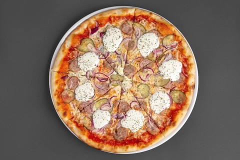 Top view of pizza with sausage