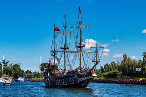 Tourist pirate ship in the harbour of Gdansk. Poland