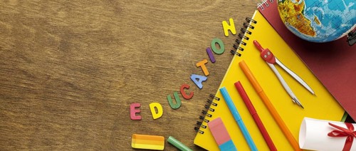 Top view of notebook with school supplies. Resolution and high quality beautiful photo