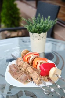 Marinated meat and vegetables on skewer ready for barbecue