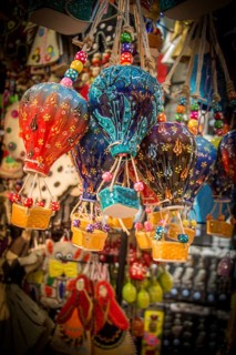 Little model colorful hot air balloons in view
