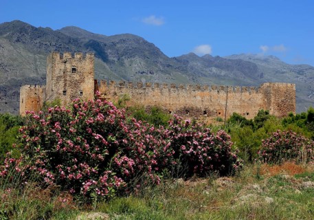 View of the fortress of Frangokastello on the southern coast of the Mediterranean island and the Kryoneritis mountains in the background