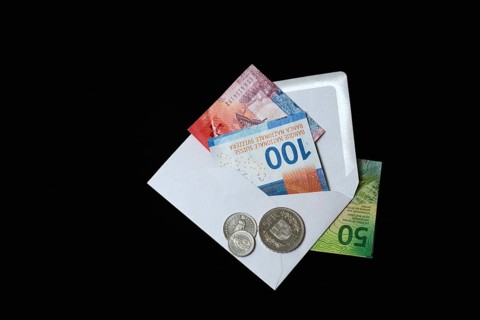 Swiss banknotes and coins with envelope
