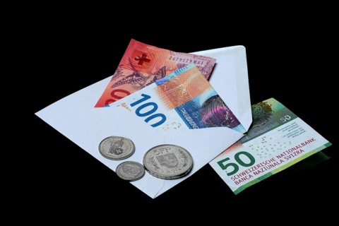 Swiss banknotes and coins with envelope