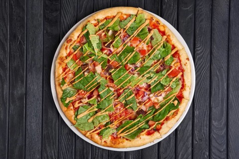 Top view of pizza with meat