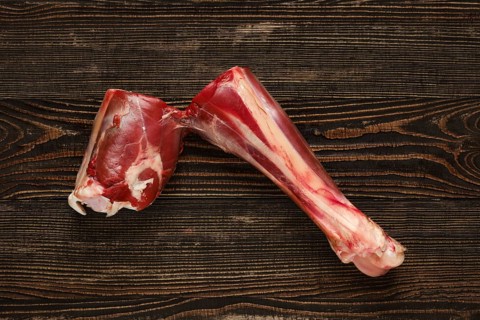 Overhead view of raw deer shank over dark wooden background