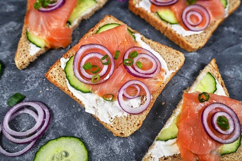 Salmon bread slices of healthy wholegrain toast topped with smoked salmon fish
