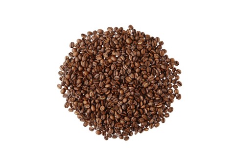 Overhead view of brazilian coffee beans isolated on white background