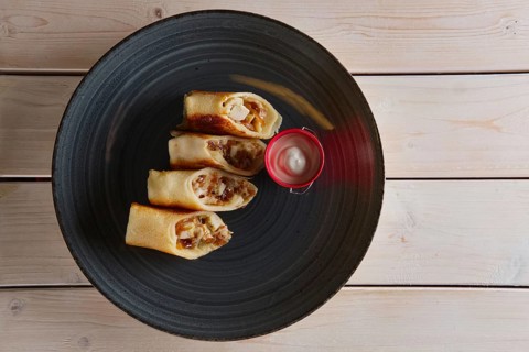 Thin pancakes with ham