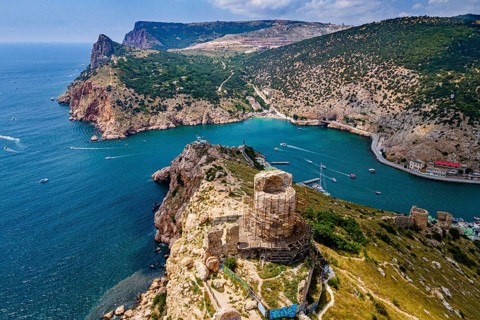 Aerial of the castle and bay of Balaklava