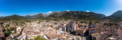 Helicopter view of the old town of Soller