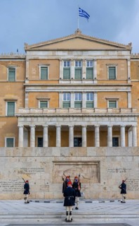 Detachment of the Presidential Guard Evzones in front of the Monument to the Unknown Soldier near the Greek Parliament