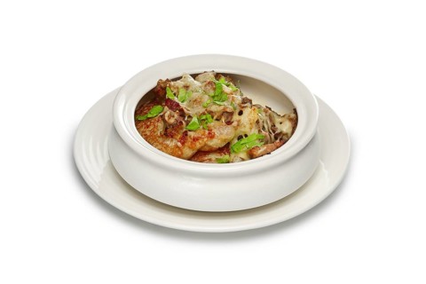 Layout for menu. Flapjack with meat baked with cheese and vegetables in oven