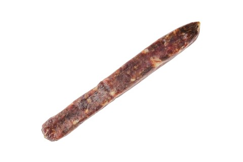 Top view of dried jerked deer and pork sausage isolated on white background