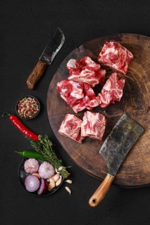 Overhead view of chopped beef bones for making bouillon stock