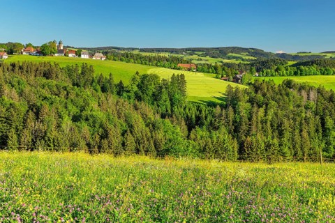 Spring landscape near St. Maergen with monastery church