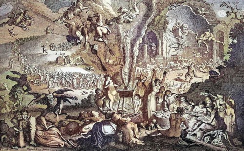 The Witches' Sabbath on Walpurgis Night on Blocksberg. German copperplate engraving