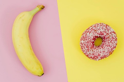 Top view donut vs fruit. Resolution and high quality beautiful photo