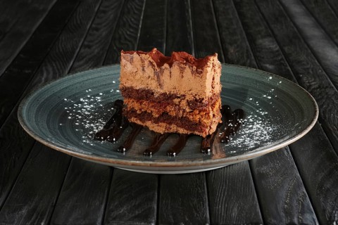Piece of puffy chocolate cake and souffle