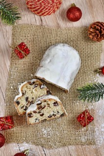 Top view of traditional German christmas season sweet food called Stollen or Christstollen