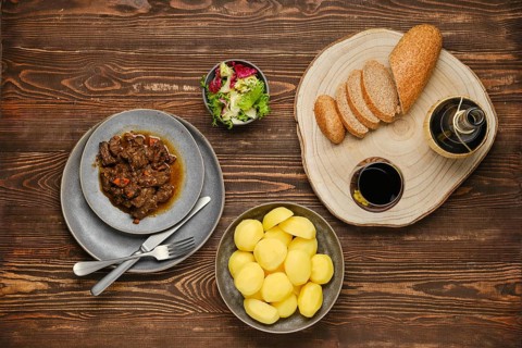 Overhead view of beef or deer ragout with potato