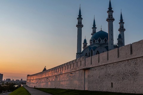 Kul Sharif Mosque in the Kremlin at sunset