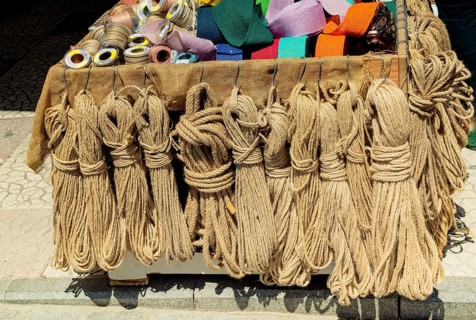 Bundle of linen rope in a market place