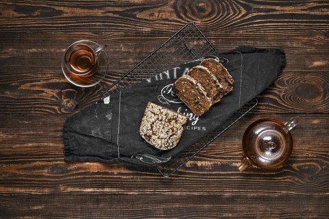 Overhead view of artisan rye bread with dried apricots