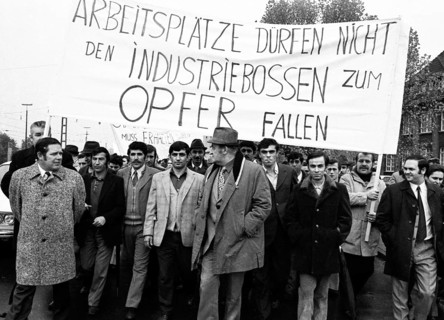 Employees of the Duesseldorf -Reisholz steel and tube works demonstrated on 6 November 1973 in Langenfeld-Immigrath against the loss of jobs