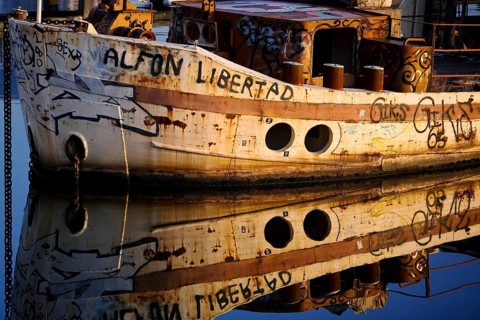 Shipwreck of the MS Dr. Ingrid Wengler in the Spree in early morning light