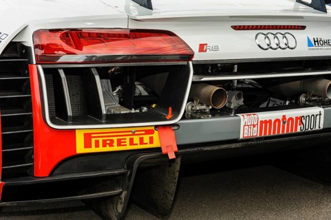 Rear of Audi R8 LMS with red towing eye prescribed in racing