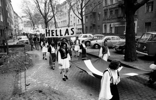 A demonstration with folklore elements in Duesseldorf on 25. 5. 1971 against the rule of a military junta and for democracy in their country by Greek guest workers and Germans