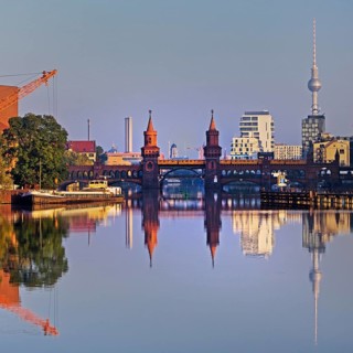 Spree in the early morning with Oberbaum Bridge and TV Tower