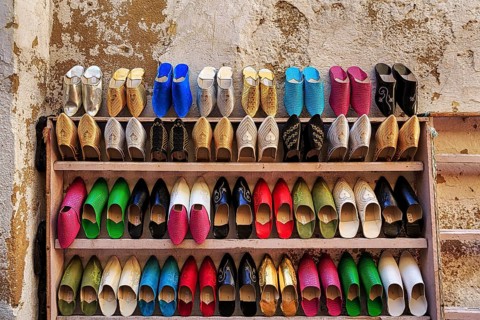 Many colourful Moroccan slippers lined up on a shelf