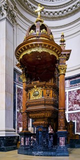 Interior view of Berlin Cathedral with pulpit